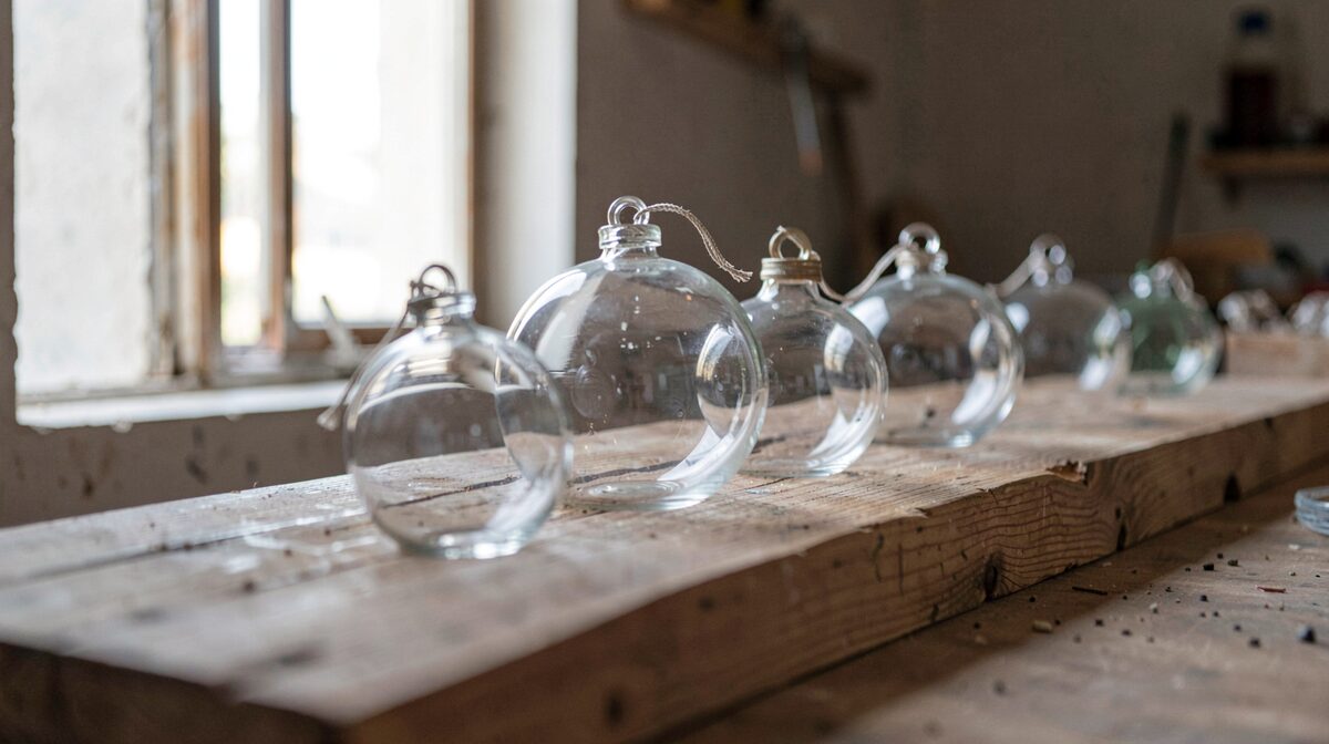 Boules de verre soufflé posées sur une planche de bois dans un atelier, lumière du matin entrant par une fenêtre étroite, cadrage rapproché sur les reflets.