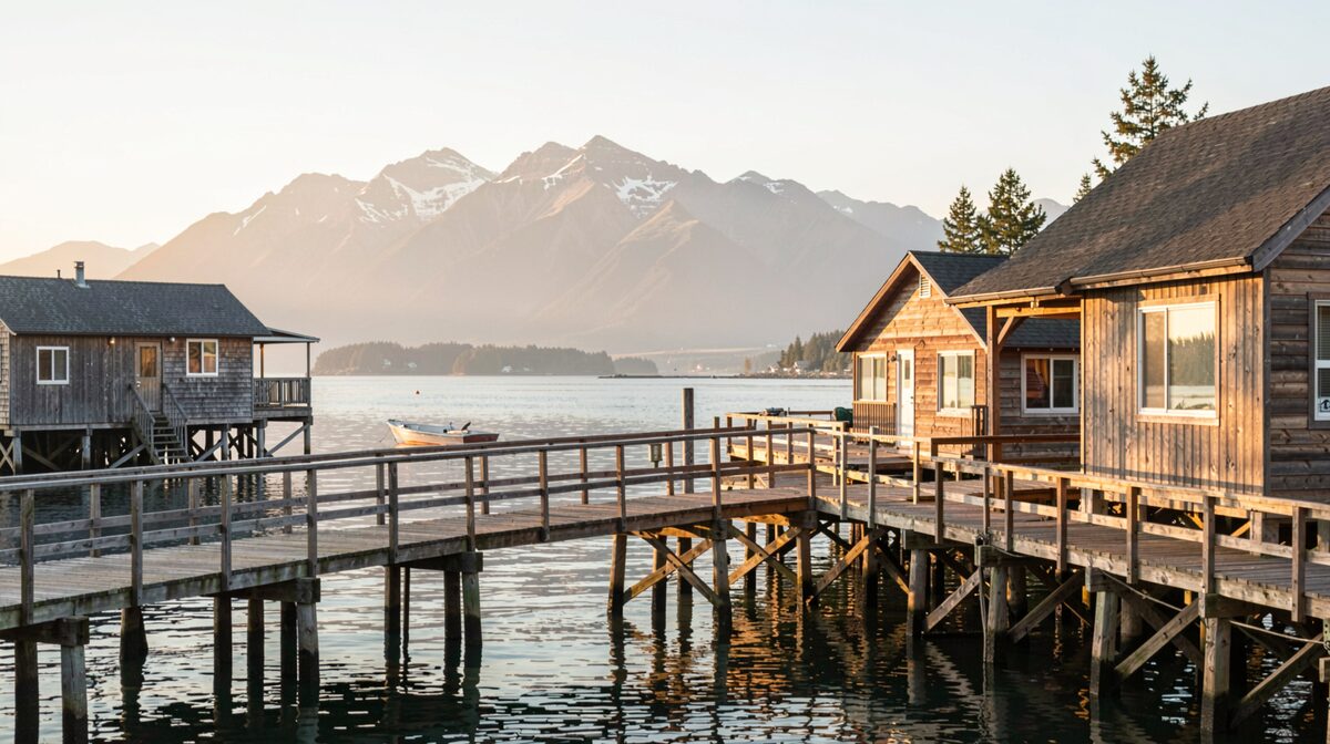 Au petit matin, des cabanes sur pilotis reliées par des passerelles de bois au-dessus d'une eau calme, avec les montagnes de Kachemak Bay en fond et une lumière basse dorée sur le chenal.