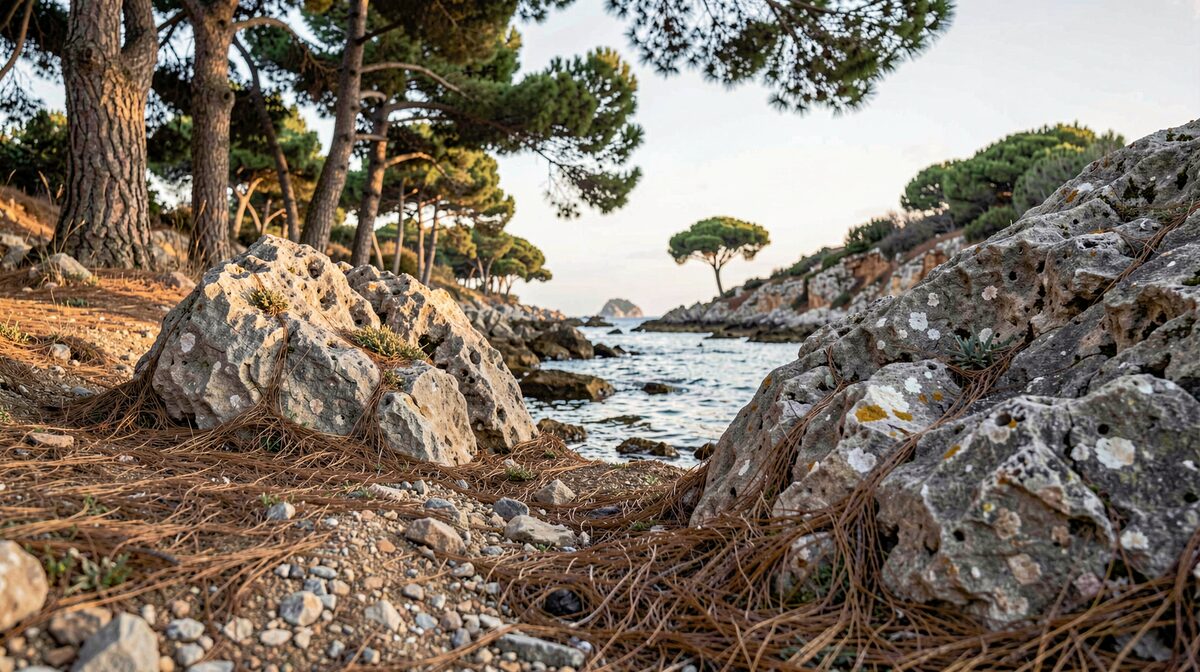 Un ruisseau sec entre deux rochers calcaires sous les pins du littoral varois, lumière rasante du matin, cadrage au ras de l'eau.